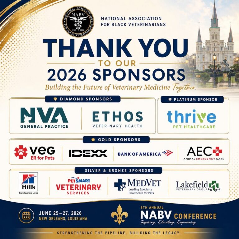 A list of some of the sponsors of the 2026 NABV Conference, featuring Animal Emergency Care as a "Gold Level Sponsor" along with Bank of America, VEG, and IDEXX.